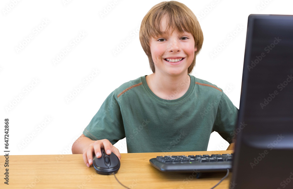 Fototapete Digital png photo of caucasian boy using computer on transparent background