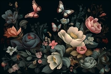 Exquisite vintage floral pattern with elegant bouquets, butterfly, and decoration on a dark background. Generative AI