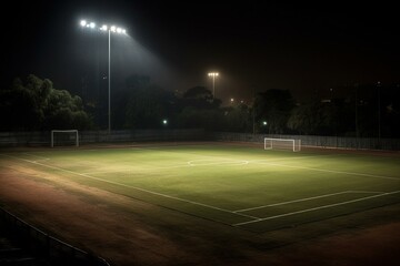 An empty soccer field lit by a single spotlight, accompanied by a lush futsal court for practice. Generative AI - obrazy, fototapety, plakaty