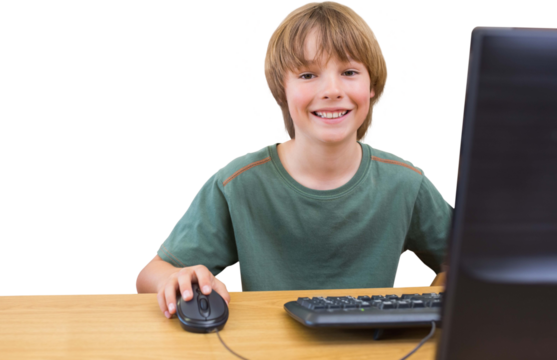 Digital png photo of caucasian boy using computer on transparent background