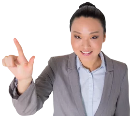Photo sur Aluminium Lieux asiatiques Digital png photo of smiling asian businesswoman pointing on transparent background