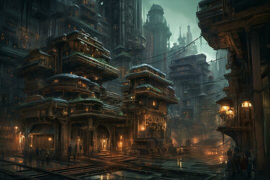 Stunning anime cityscape artwork with a fantasy touch, reminiscent of Star Wars. Generative AI