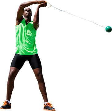 Digital png photo of african american male athlete throwing hammer on transparent background