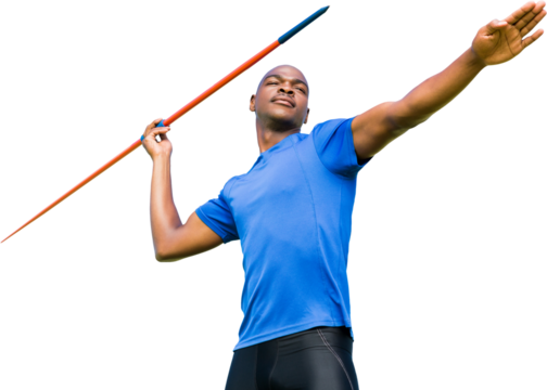 Digital png photo of african american male athlete throwing javelin on transparent background