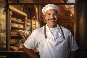 Portrait of a male baker with a mustache in his uniform and apron in front of his artisan bread bakery