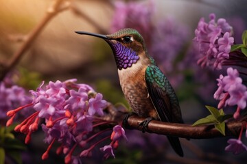 Naklejka premium A hummingbird sits on a branch with purple background
