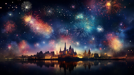 Happy new year background with fireworks at night on city landscape view, cityscape background Ai...