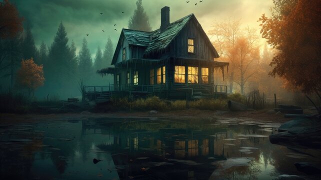 Old spooky house by a lake at night