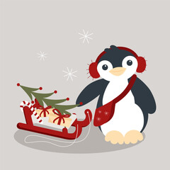 Vector cute Christmas little penguin with headphones, bag, presents and christmas tree on a sled illustration.
