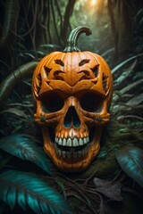 Halloween pumpkin in the shape of a skull in the forest made with Generative AI