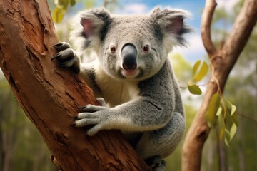 A koala sits on a tree branch