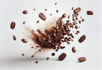 Coffee beans on a white background in the style of animated exuberance.