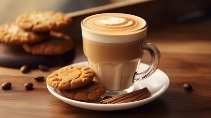 Tuinposter coffee latte with cookies on wooden table © Rangga Bimantara