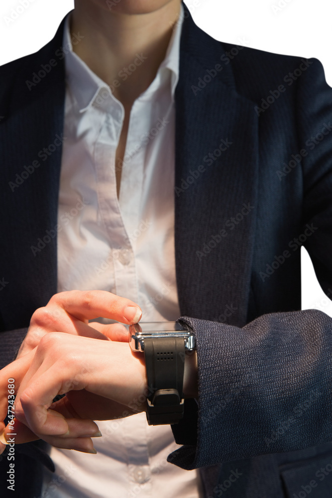 Sticker Digital png photo of caucasian businesswoman checking watch on transparent background