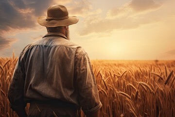 A man in a hat standing in a field of wheat