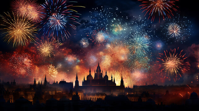 Happy new year background with fireworks at night on city landscape view, cityscape background Ai image generative