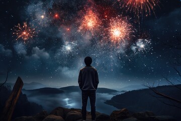 Obraz premium A man looks at fireworks in a dark sky