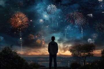 Fototapeta na wymiar A man looks at fireworks in a dark sky
