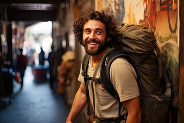 A man with a backpack smiles at the camera