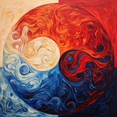A painting of a red and blue Yin Yang