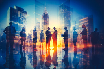 Double exposure image of large business people conference group meeting on city office building in background showing partnership success of business deal