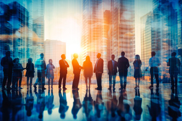 Double exposure image of large business people conference group meeting on city office building in background showing partnership success of business deal
