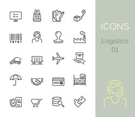 Logistics outline icons. Set of 20 logistics outline icons, vector illustrations. 
It contains icons, such as warehouse, barcode, operator, cargo, train, delivery, factory, cart, contract and more.