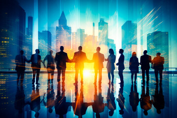 Double exposure image of large business people conference group meeting on city office building in background showing partnership success of business deal