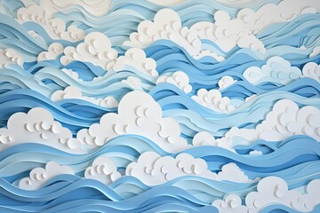 A paper cut of clouds and waves on a blue - obrazy, fototapety, plakaty