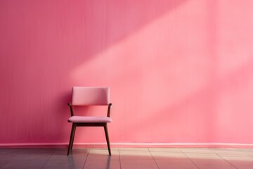 A pink chair sitting in front of a pink wall