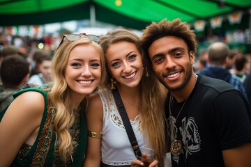 Fototapeta premium a couple of young diverse man and woman in simple casual clothes celebrating oktoberfest in the beer garden drinking, laughing, having fun chatting together, summer or early autumn weather