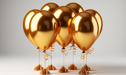 Golden festive balloons on a white background.