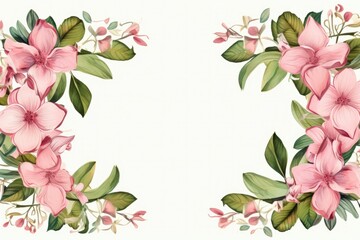 Naklejka premium A pink flower frame with green leaves