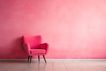 A pink chair sitting in front of a pink wall