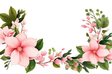 A pink flower frame with green leaves