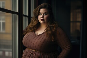 A plus size woman standing in front of window