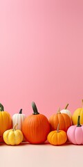 A row of colorful pumpkins on a pink background