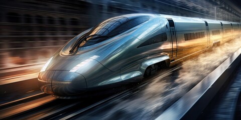 A silver bullet train is going down the train