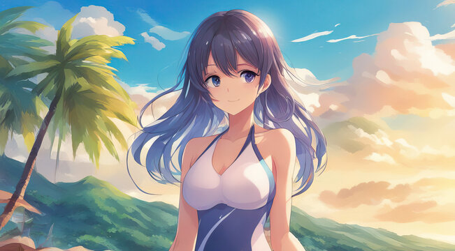 Anime illustration of a girl in a swimsuit, against the background of a summer beach