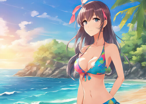 Anime illustration of a girl in a swimsuit, against the background of a summer beach