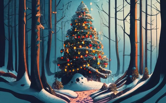 Christmas tree in the winter forest decorated with Christmas garlands, illustration