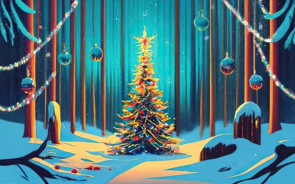 Christmas tree in the winter forest decorated with Christmas garlands, illustration