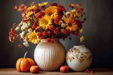 Naklejka na ściany i meble A vase filled with flowers next to two pumpkins