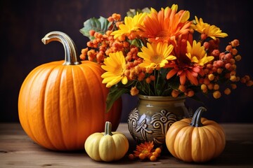 A vase filled with flowers next to two pumpkins