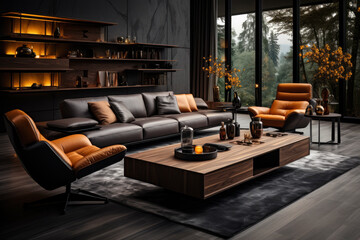 Modern style living room with large window and luxury furniture