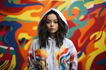 A woman in a hoodie standing in front of colorful wall