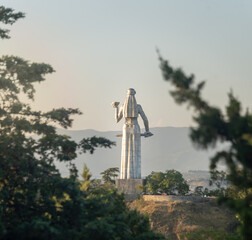 Statue of Mother Georgia from the back, seen through the forest