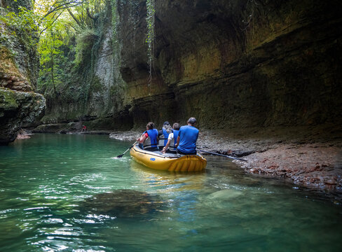 Yellow raft in the Martvili canyon in Georgia.