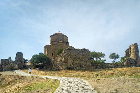 Panoramic view of Jvari Monastery in a sunny day . 
