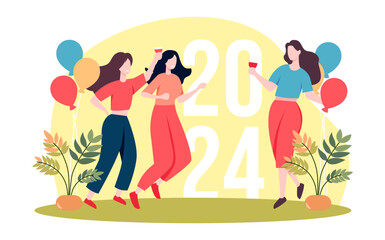 girls party to celebrate new year 2024, flat illustration for new year party